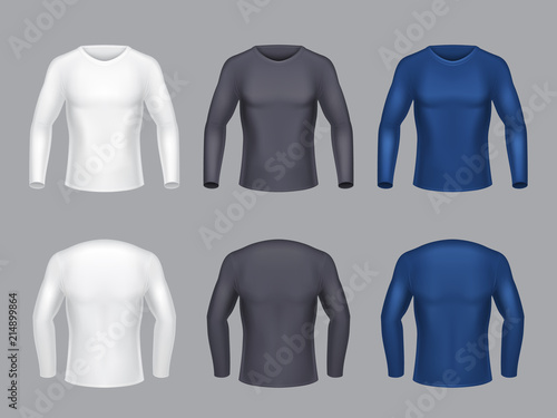 Vector realistic set of blank shirts with long sleeves for men, male casual clothing, sweatshirts for sport trainings, isolated on gray background. Mockup for clothes design, front and back view