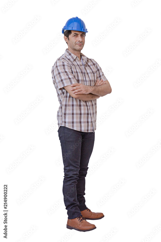 Arab engineer man wear blue cap safety helmet. isolated background with clipping path Arab engineer man wear blue cap safety helmet. isolated background with clipping path