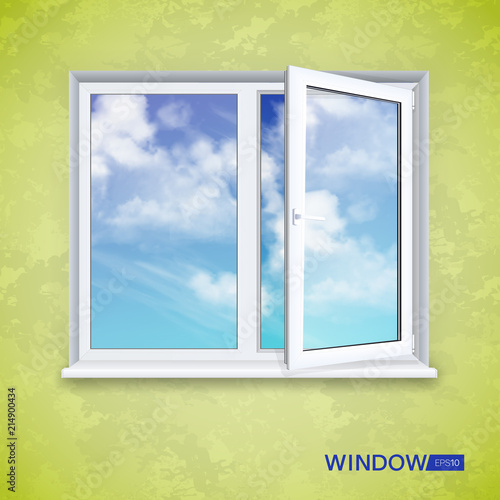 Realistic open square window on the background of wallpaper and sky