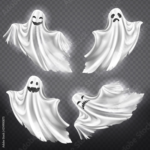 Vector set of white ghosts with various facial expressions, phantom silhouettes isolated on transparent background. Halloween clipart with spooky and funny poltergeists, scary spirits flying in night