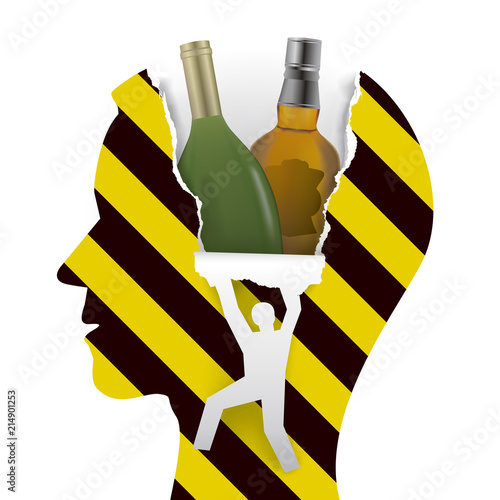 Danger alcohol addiction.
Male head in profile with alcohol botlles and male silhouette ripping paper background.Alcohol addiction concept. Vector available.