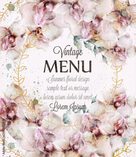 Orchid flowers wedding card watercolor Vector. Beautiful floral decor backgro...