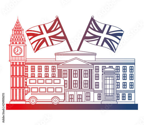 london clock station with flags great britain vector illustration design