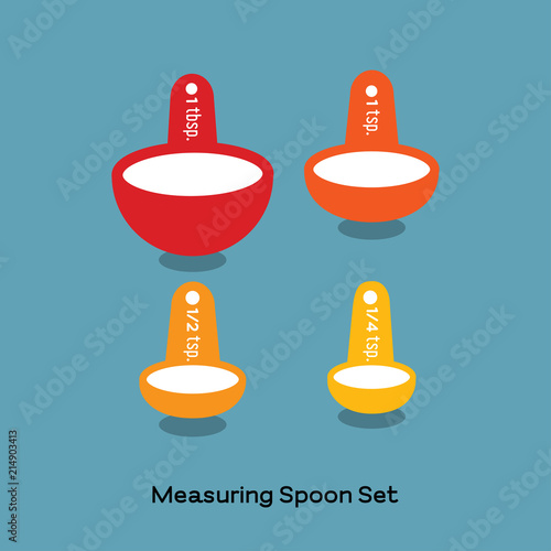 MEASURING SPOON SET
Colorful measuring spoon set, a kitchen utensil, red, orange and yellow measuring spoon are illustrated separately on blue background. 