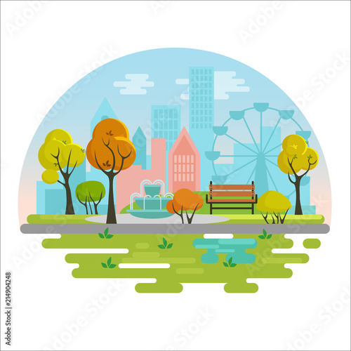 City public autumn park vector illustration concept poster with bench, trees, fountain, plants on modern city background. Vector Autumn public park with colorful seasonal trees.
