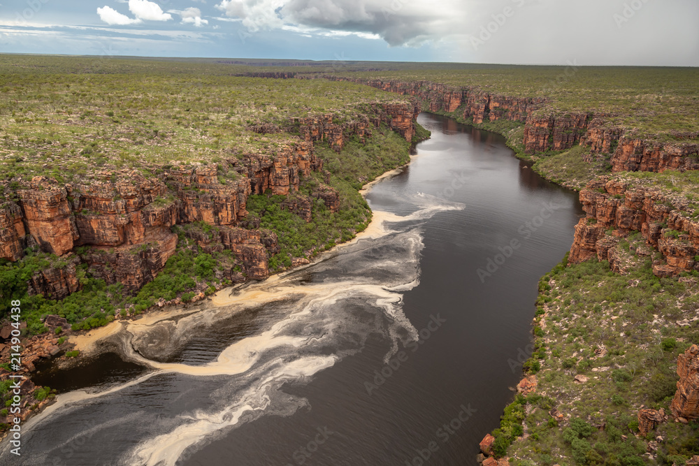 Landscape view looking into the gorge and tidal inlet below the twin falls on the King George River, Kimberley, Australia