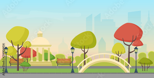 Vector autumn city public park on the modern city skyscrapers background. Multicolor autumn park in town city center.