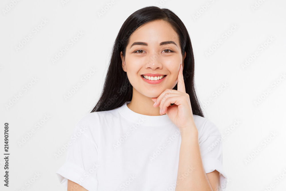 Portrait asian beauty woman face isolated on white background. Japanese women make up and hair health. Template t shirt. Copy space. Healthy teeth and skin care. Portrait asian beauty woman face isolated on white background. Japanese women make up and hair health. Template t shirt. Copy space. Healthy teeth and skin care.
