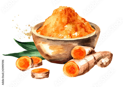 Turmeric root and powder in the bowl. Watercolor hand drawn illustration, isolated on white background