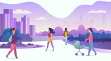 People life in modern eco city. Walking people in modern park with skyscrapers on the background. Trendy cartoon gradient color vector illustration.