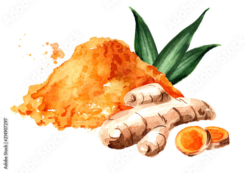 Turmeric root, green leaf and powder. Watercolor hand drawn illustration isolated on white background