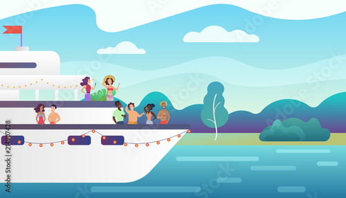 Smiling people friends making fancy party on yacht ferry ship. Vacation, sea travel and friendship concept vector illustration.