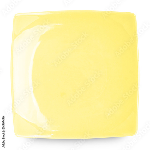 Yellow square plate isolated on white background. © Pataradon