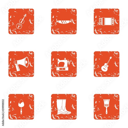 Women hobby icons set. Grunge set of 9 women hobby vector icons for web isolated on white background