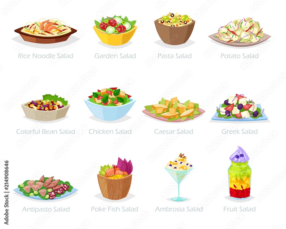 Salad vector healthy food with fresh vegetables tomato or potato in salad-bowl or salad-dish for dinner or lunch illustration set of organic meal diet isolated on white background