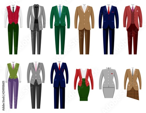 Business suit vector mail or female corporate suited clothes of businessman or businesswoman illustration set of manager or worker dress code clothing at office isolated on white background