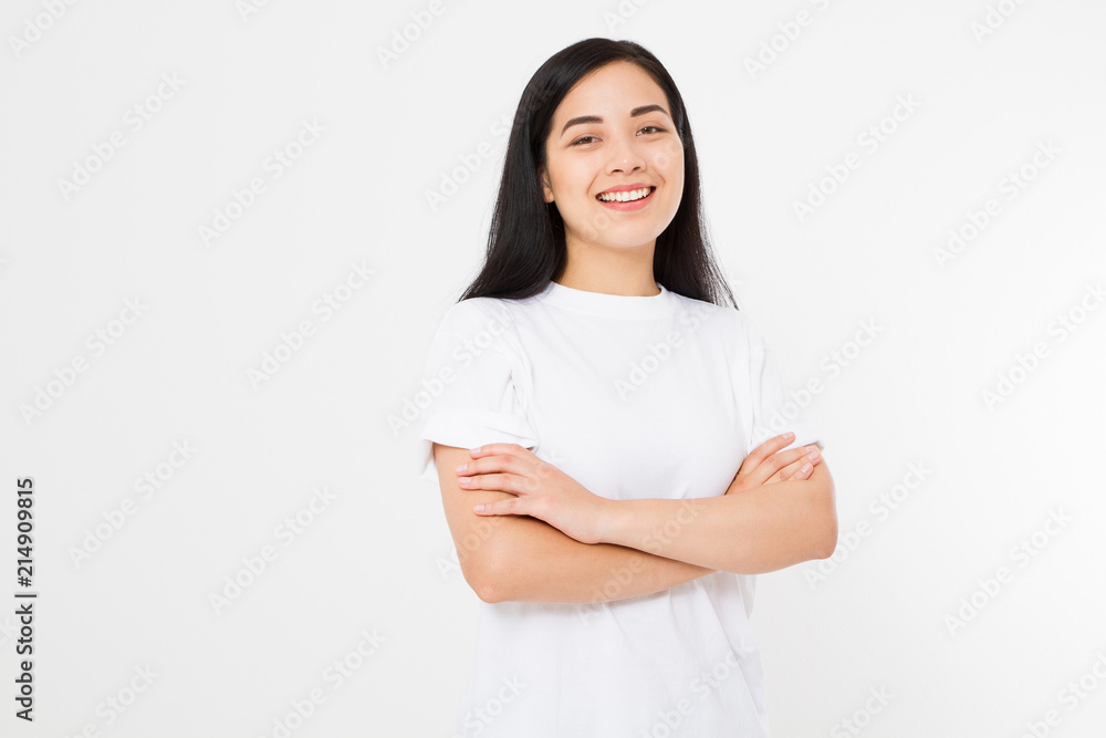 Asian girl isolated on white background. Copy space. Japanese young woman. Mock up. Summer woman clothes blank template white t shirt. Asian girl isolated on white background. Copy space. Japanese young woman. Mock up. Summer woman clothes blank template white t shirt.