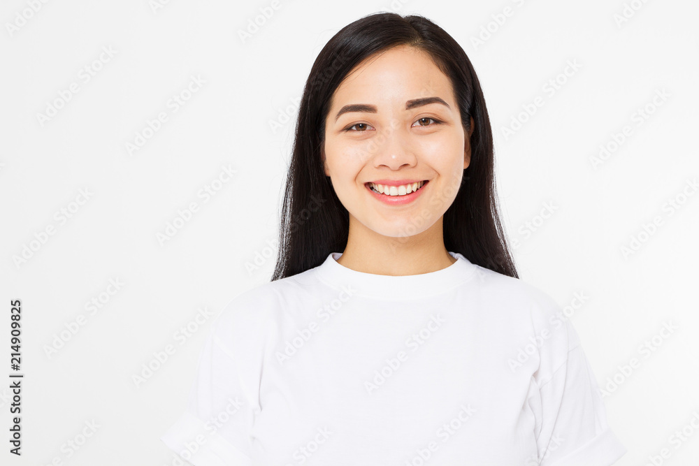 Young asian girl isolated on white background. Copy space. Mock up. Summer woman clothes blank template white t shirt. Young asian girl isolated on white background. Copy space. Mock up. Summer woman clothes blank template white t shirt.