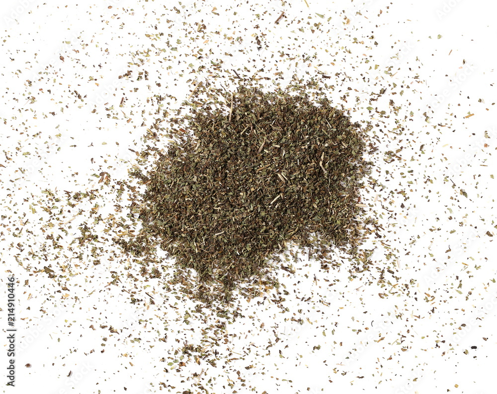 Pile of dried oregano leaves isolated on white background, top view Pile of dried oregano leaves isolated on white background, top view