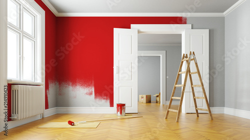 Wand rot streichen bei Renovierung im Raum