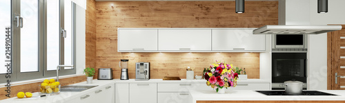 Moderne weiße Küche als Panorama