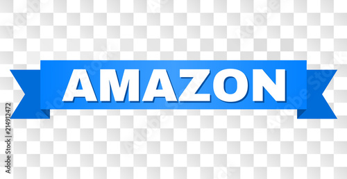AMAZON text on a ribbon. Designed with white caption and blue stripe. Vector banner with AMAZON tag on a transparent background.