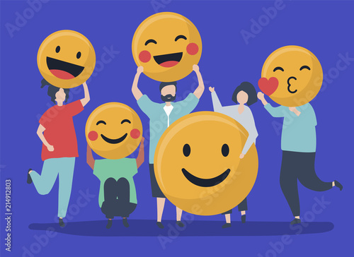 Characters of people holding positive emoticons illustration