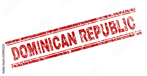 DOMINICAN REPUBLIC seal print with corroded texture. Red vector rubber print of DOMINICAN REPUBLIC text with unclean texture. Text label is placed between double parallel lines.