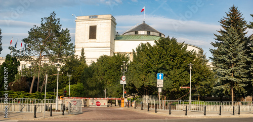 The building of the Polish Parliament is separated by barriers