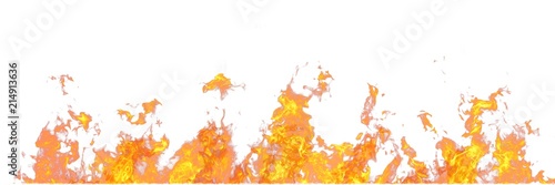 Real line of fire flames isolated on white background. Mockup on white of wall of fire.
