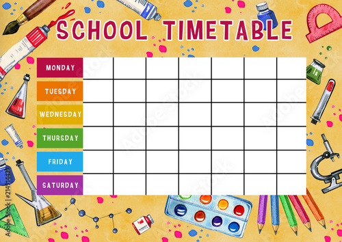 Template of school timetable with days of week and free spaces for notes. Hand drawn watercolor Illustration with school supplies