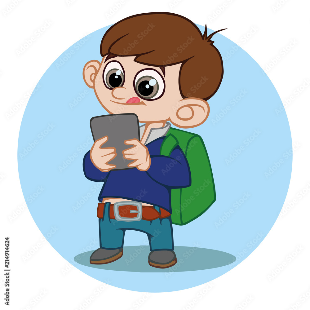cartoon boy with tablet vector illustration