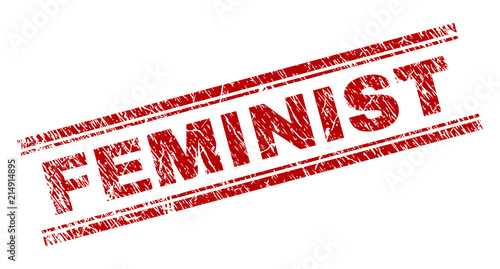 FEMINIST seal print with grunge texture. Red vector rubber print of FEMINIST label with grunge texture. Text title is placed between double parallel lines.