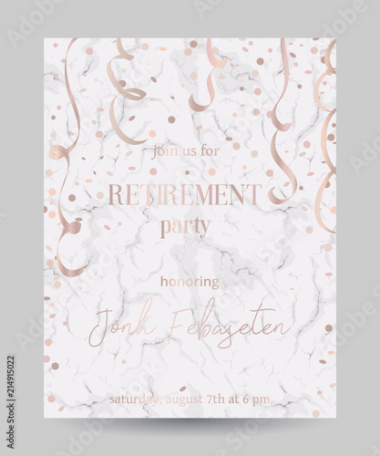 Retirement party invitation. Design template with confetti and serpentine on white marble background. Vector illustration