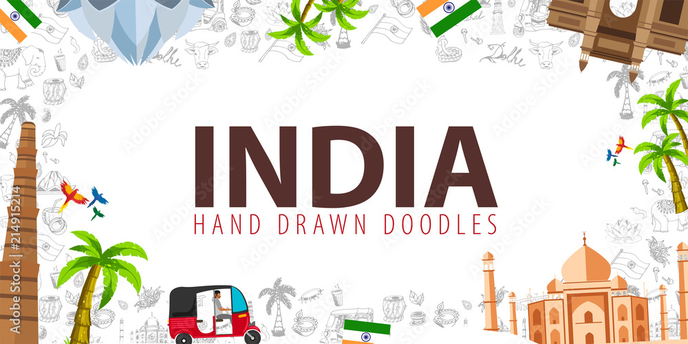 Travel to India. Indian Hand drawn doodles on background. Vector illustration. - obrazy, fototapety, plakaty 