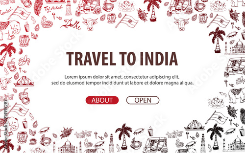 Travel to India. Indian Hand drawn doodles on background. Vector illustration.
