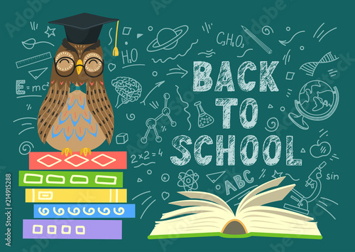 Back to school. Wise owl on stack of books, open book and lettering on teal background. Education concepts. Vector illustration.