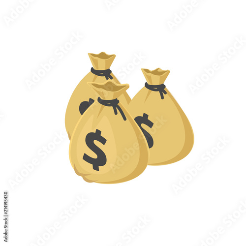 Money bags vector icon isometric illustration, cartoon 3d isometric lots of dollar cash, idea of big gran or credit, success wealth or financial income, earnings profit isolated