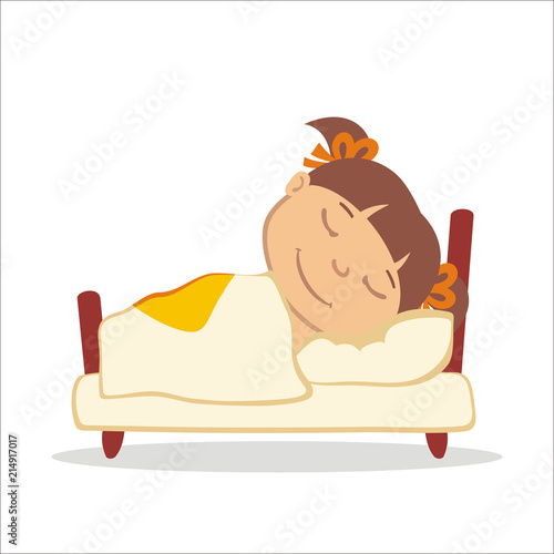 Vector illustration of little girl sleeping in bed isolated on white background.