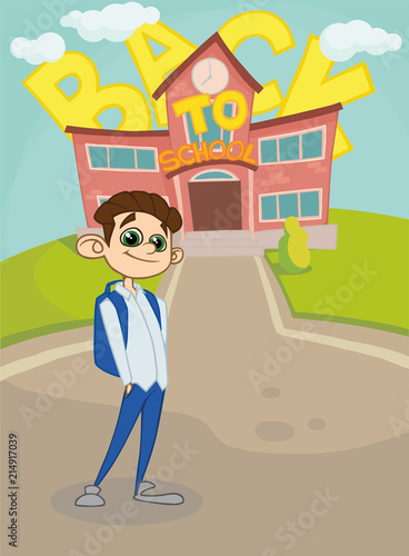 background back to school, schoolboy with backpack. vector illustration