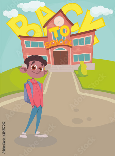 background back to school, schoolboy with backpack. vector illustration