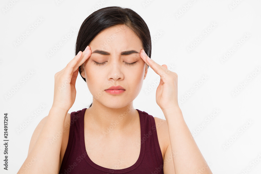 Stressed Exhausted asian japanese Woman Having Strong Tension Headache