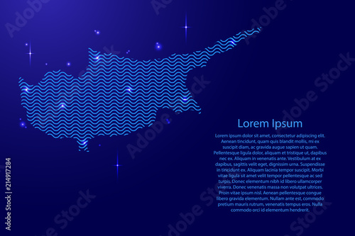 Cyprus map country abstract silhouette from wavy blue space sinusoid lines and glowing stars. Contour state of creative luminescence curve. Vector illustration.