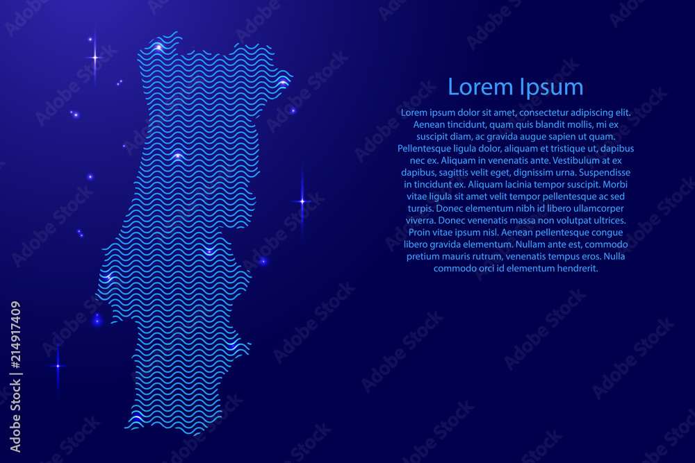 Portugal map country abstract silhouette from wavy blue space sinusoid lines and glowing stars. Contour state of creative luminescence curve. Vector illustration.