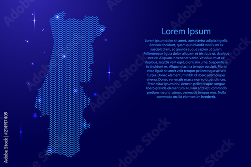 Portugal map country abstract silhouette from wavy blue space sinusoid lines and glowing stars. Contour state of creative luminescence curve. Vector illustration.