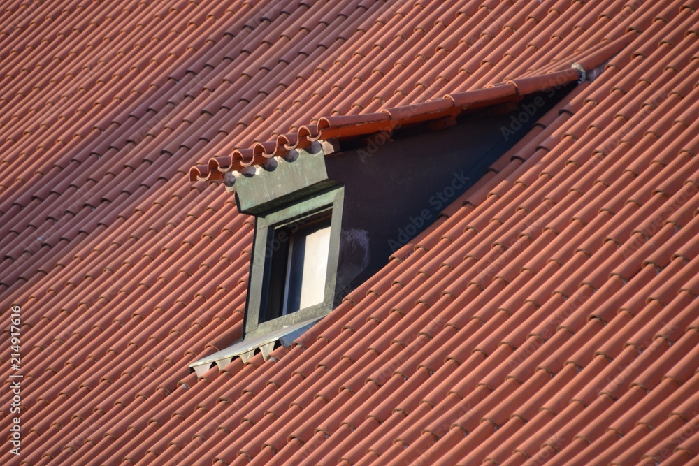 Green dormer window in tight angle against red tile roof in morning light