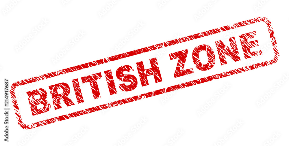 BRITISH ZONE stamp seal print with scratced style. Red vector rubber print of BRITISH ZONE tag with retro texture. Text tag is placed inside rounded rectangle frame. BRITISH ZONE stamp seal print with scratced style. Red vector rubber print of BRITISH ZONE tag with retro texture. Text tag is placed inside rounded rectangle frame.