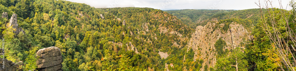 Panorama in high resolution from the view over the Bodetal with the Rosstrappe near Thale, Harz, Germany.