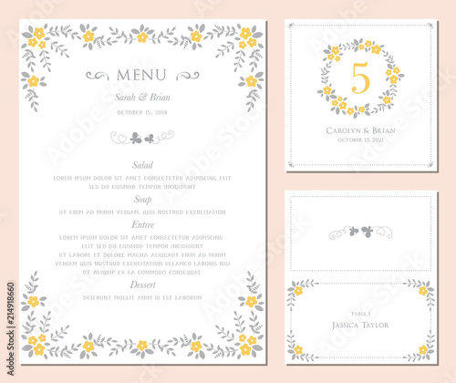 Wedding menu, table number and name place card design.
