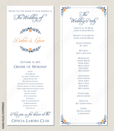 Navy blue wedding program. Vector illustration.